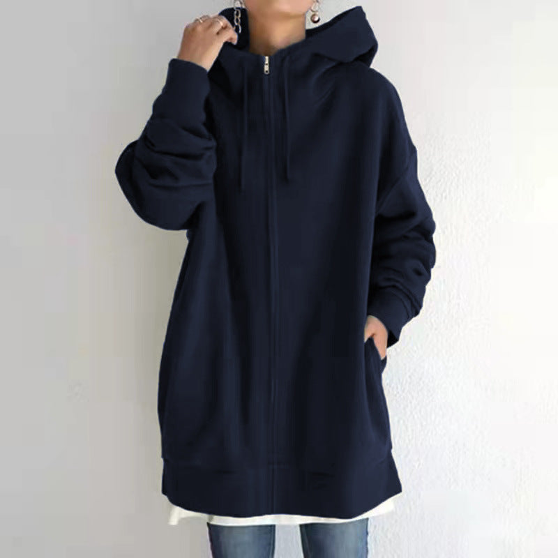 Damen Fuzzy Hoodie – Langer Sport-Pullover mit Reißverschluss