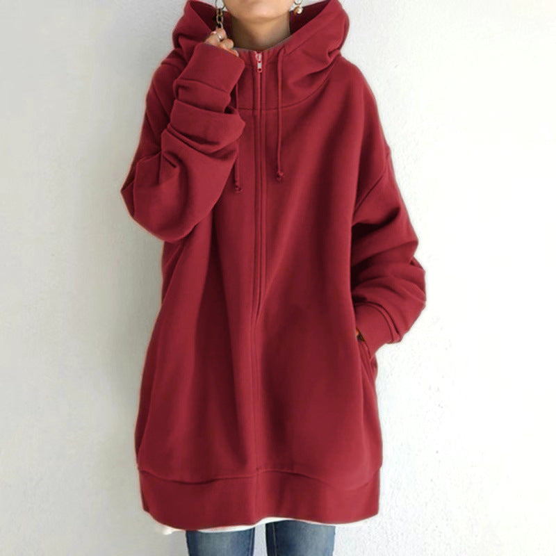 Damen Fuzzy Hoodie – Langer Sport-Pullover mit Reißverschluss