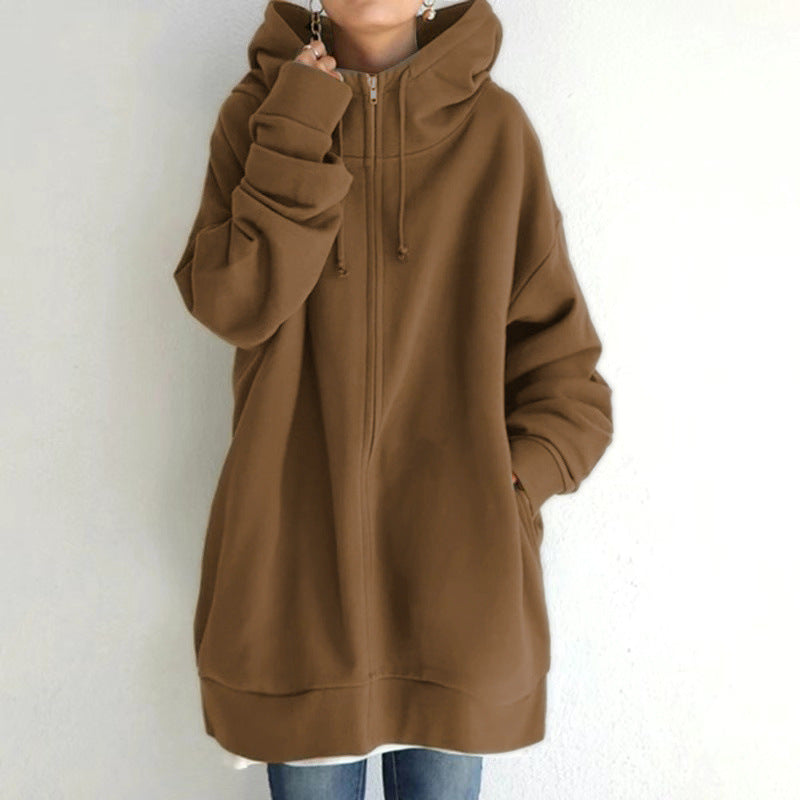 Damen Fuzzy Hoodie – Langer Sport-Pullover mit Reißverschluss