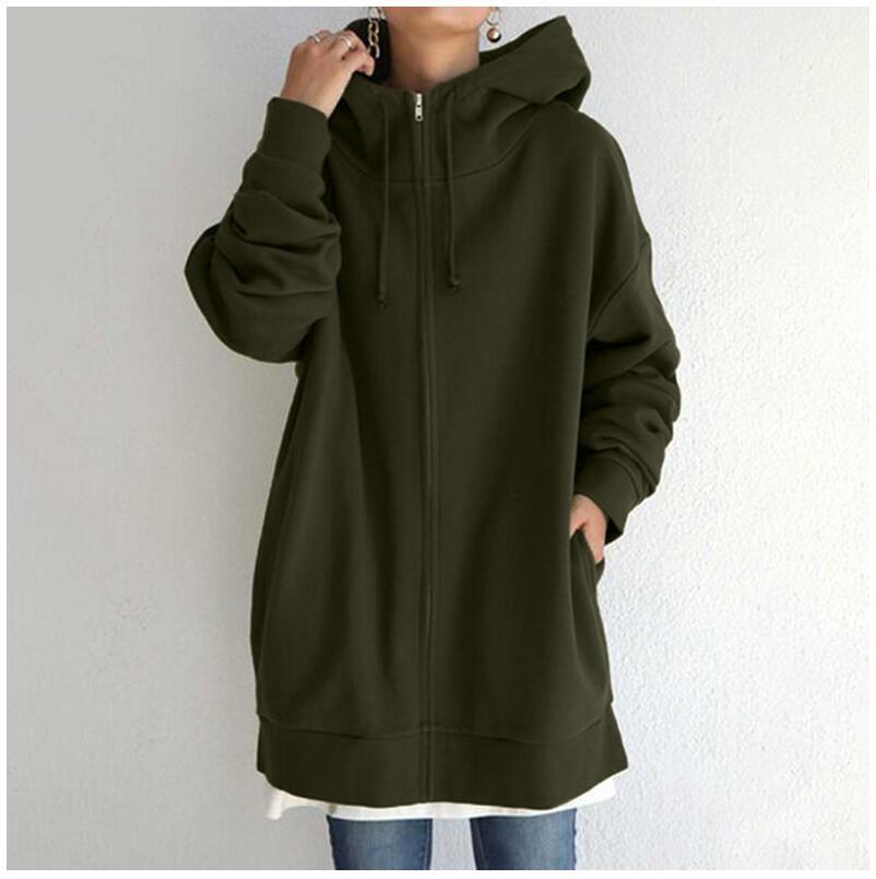 Damen Fuzzy Hoodie – Langer Sport-Pullover mit Reißverschluss