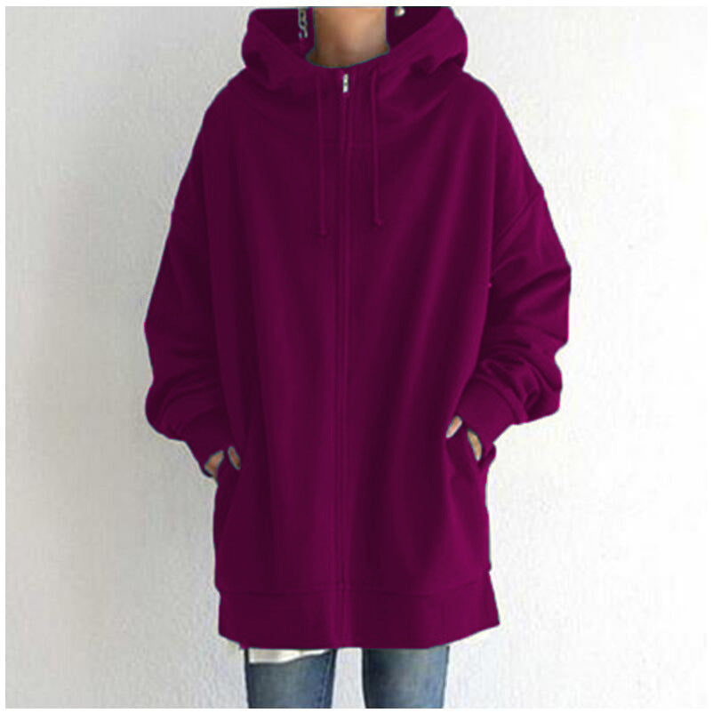 Damen Fuzzy Hoodie – Langer Sport-Pullover mit Reißverschluss