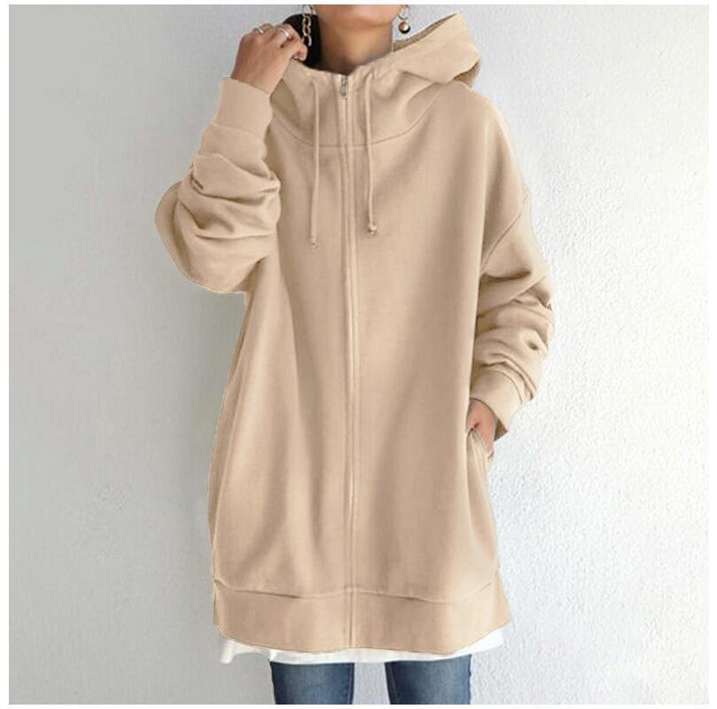 Damen Fuzzy Hoodie – Langer Sport-Pullover mit Reißverschluss