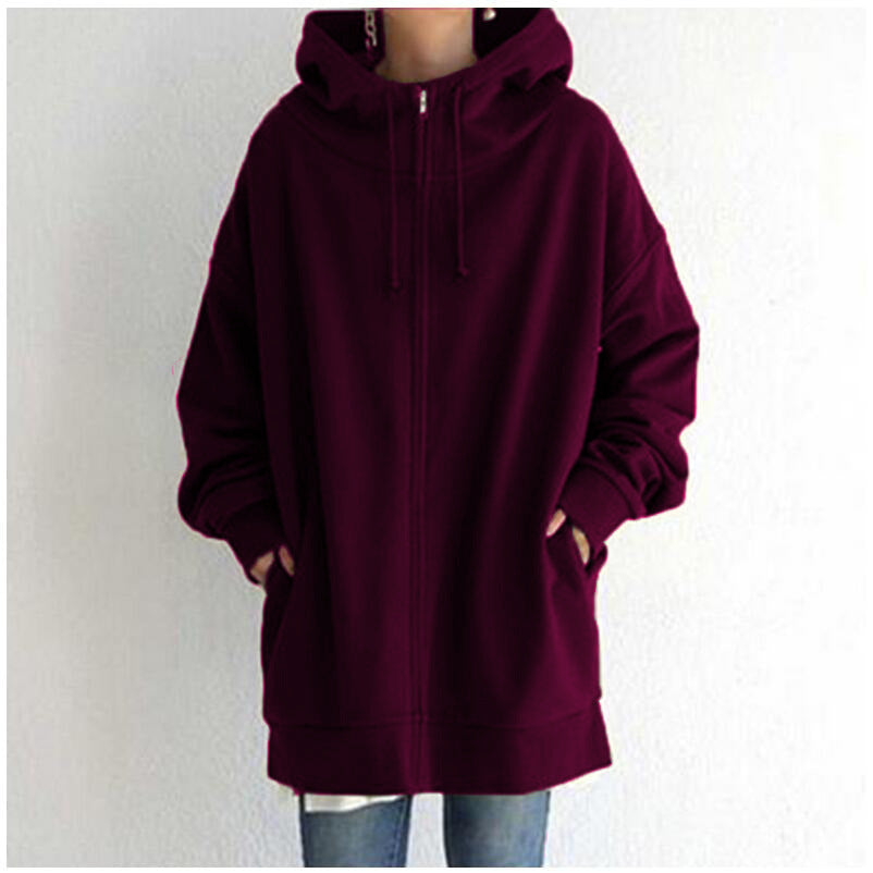 Damen Fuzzy Hoodie – Langer Sport-Pullover mit Reißverschluss
