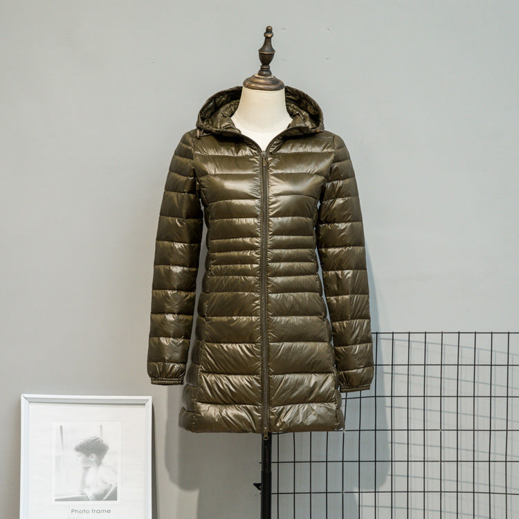 Leichte Daunen jacke für Herbst und Winter mittellange Damen mit Kapuze, schlanker, übergroßer Mantel