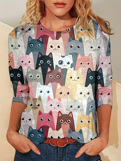 Sommerliches, trendiges, süßes Kätzchen-Print-Damen-Pendler-Elegantes Top