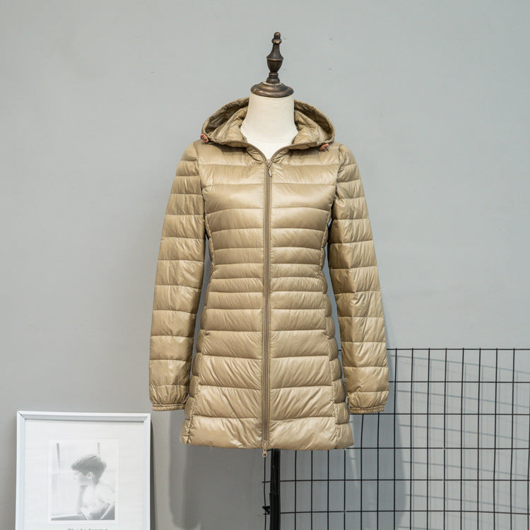 Leichte Daunen jacke für Herbst und Winter mittellange Damen mit Kapuze, schlanker, übergroßer Mantel