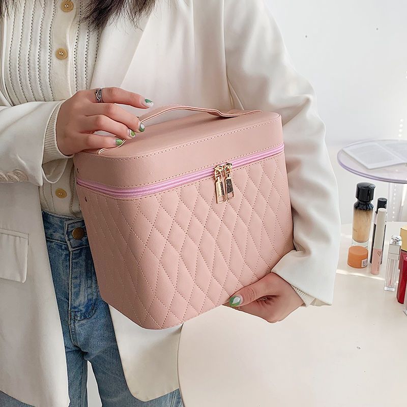 Tragbare Kosmetik Tasche mit Spiegel-Design Mode Rhombus-Stickerei-Doppelschicht-Koffer mit großer Kapazität Make-up Aufbewahrung beutel für Frauen